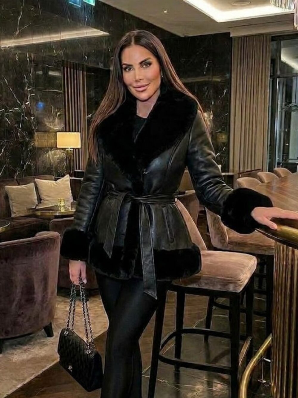Black Faux Leather Fur Trim Peplum Flare A Line Moto Winter Coat Jacket L 10/12